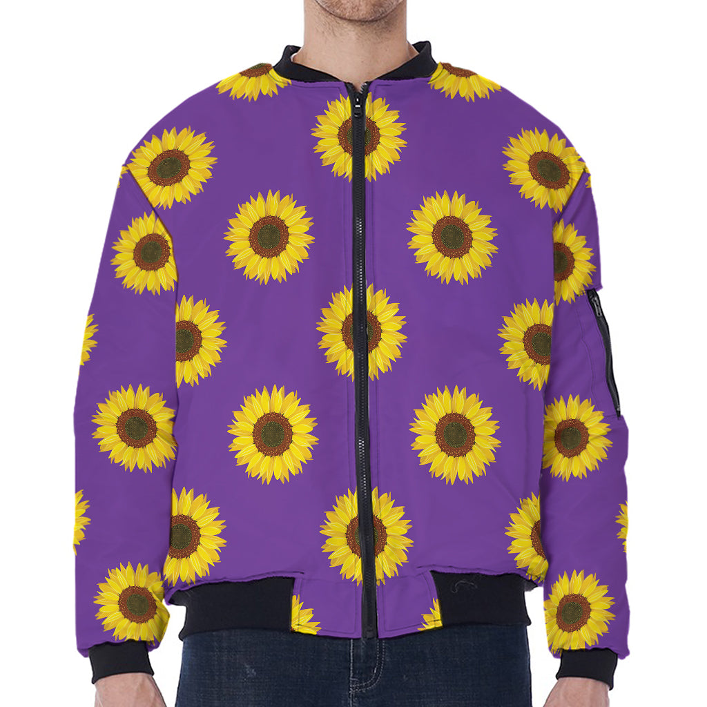 Purple Sunflower Pattern Print Zip Sleeve Bomber Jacket