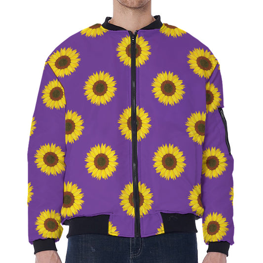 Purple Sunflower Pattern Print Zip Sleeve Bomber Jacket
