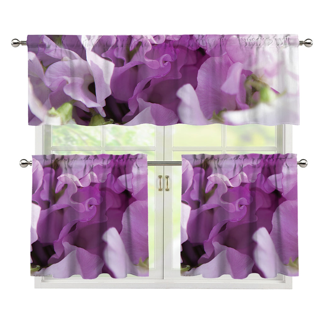 Purple Sweet Pea Print 3 Piece Kitchen Curtains