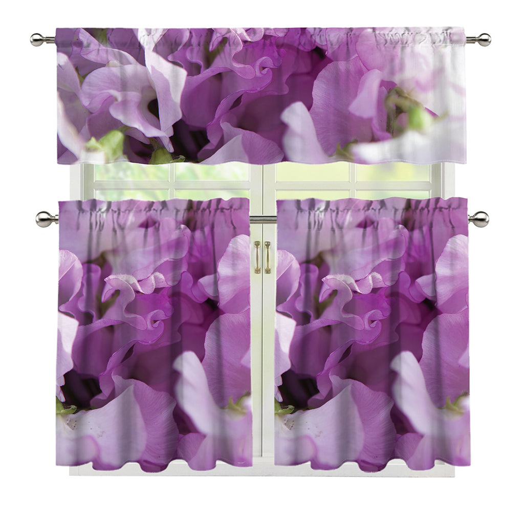 Purple Sweet Pea Print 3 Piece Kitchen Curtains