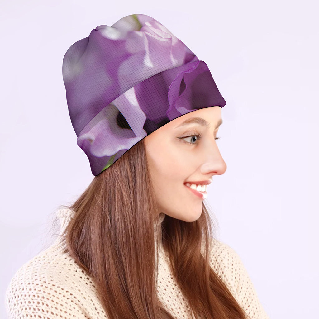 Purple Sweet Pea Print Beanie