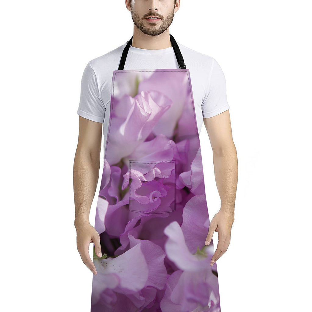 Purple Sweet Pea Print Bib Apron With Pocket