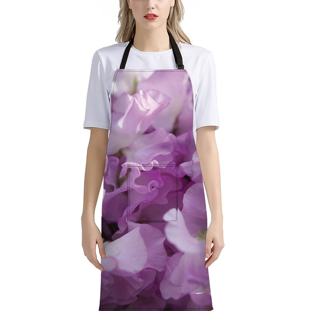 Purple Sweet Pea Print Bib Apron With Pocket
