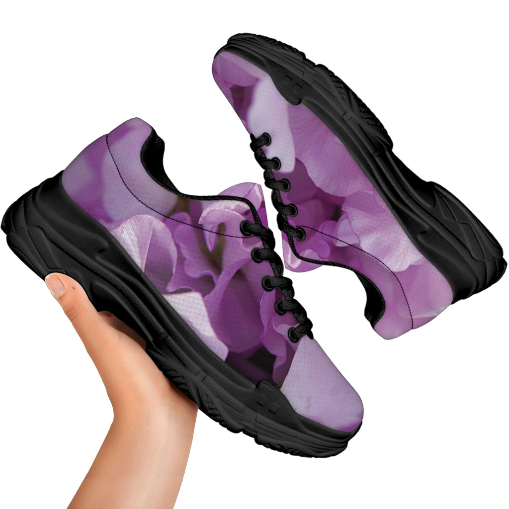 Purple Sweet Pea Print Black Chunky Shoes