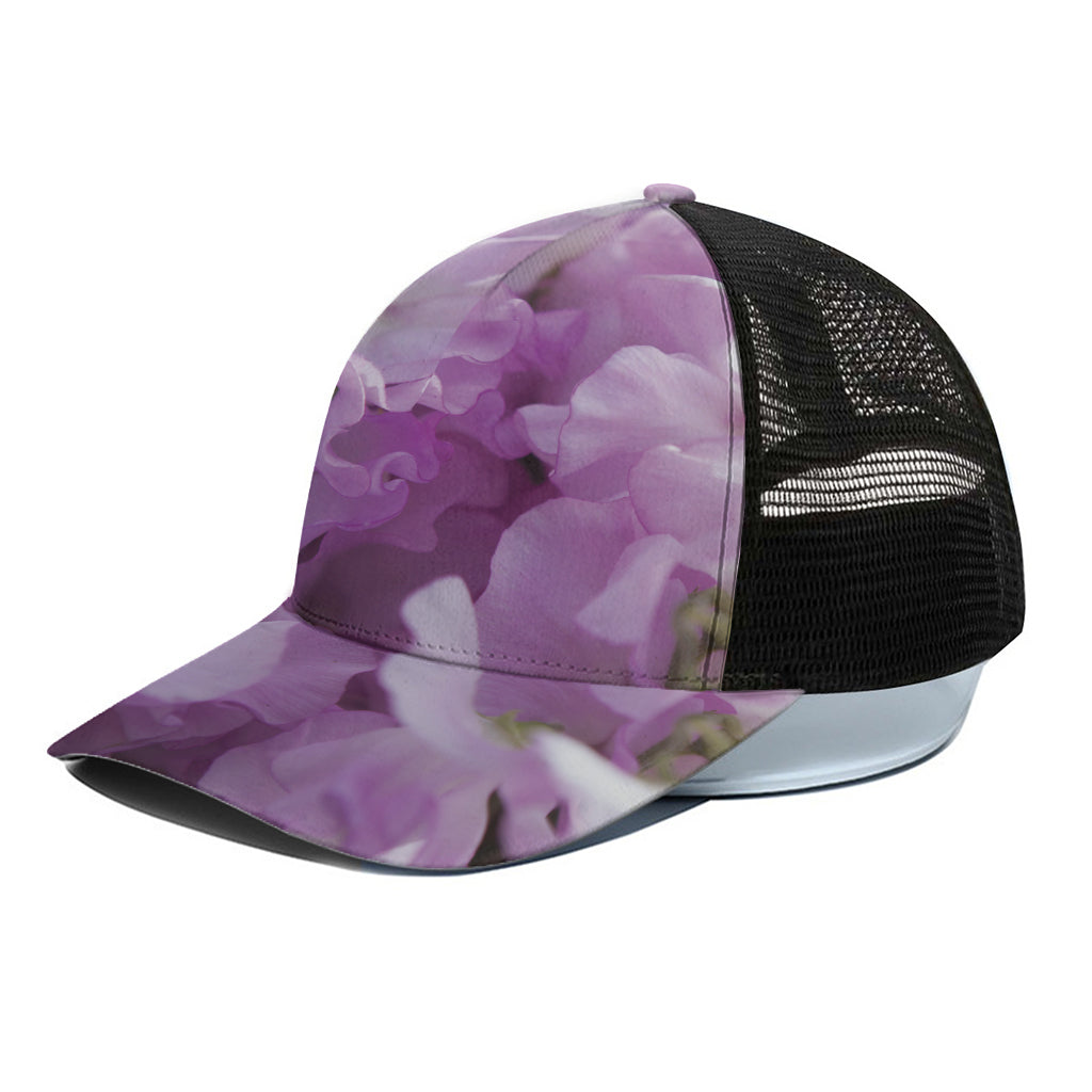 Purple Sweet Pea Print Black Mesh Trucker Cap