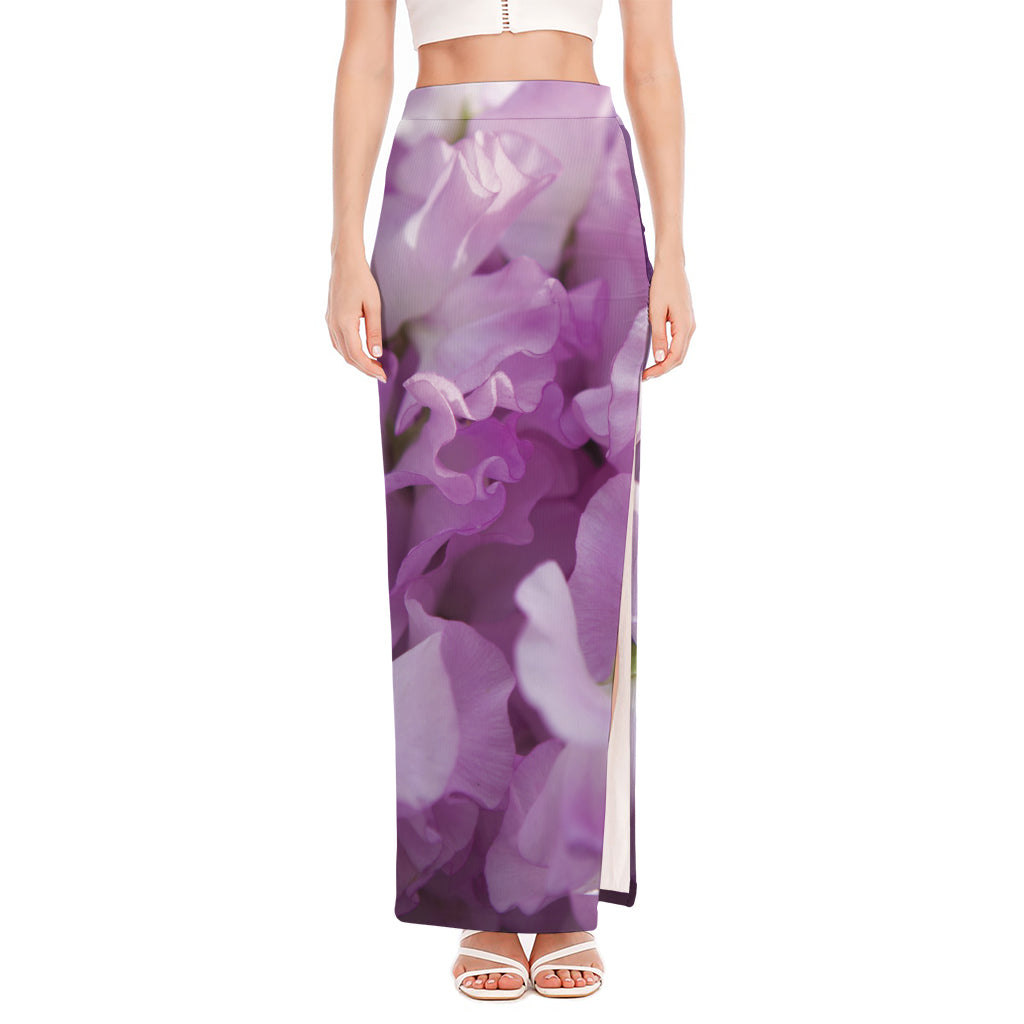 Purple Sweet Pea Print High Slit Maxi Skirt