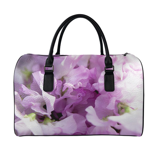Purple Sweet Pea Print Leather Duffle Bag