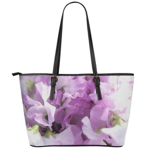 Purple Sweet Pea Print Leather Tote Bag