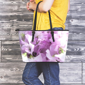 Purple Sweet Pea Print Leather Tote Bag