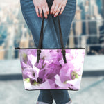 Purple Sweet Pea Print Leather Tote Bag