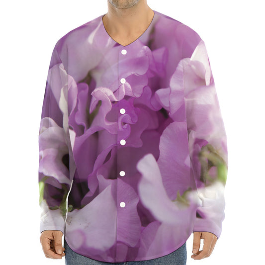 Purple Sweet Pea Print Long Sleeve Baseball Jersey