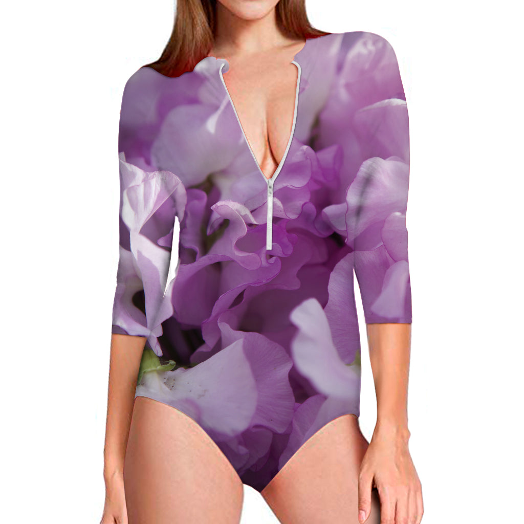 Purple Sweet Pea Print Long Sleeve Swimsuit