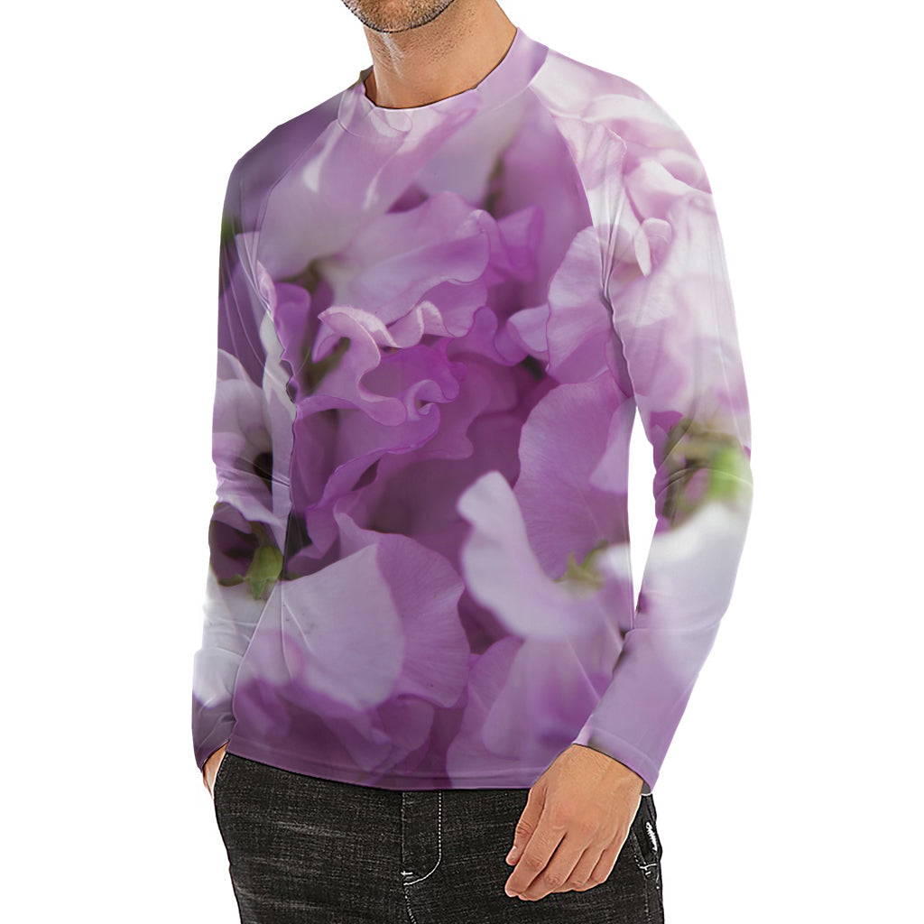 Purple Sweet Pea Print Men's Long Sleeve Rash Guard