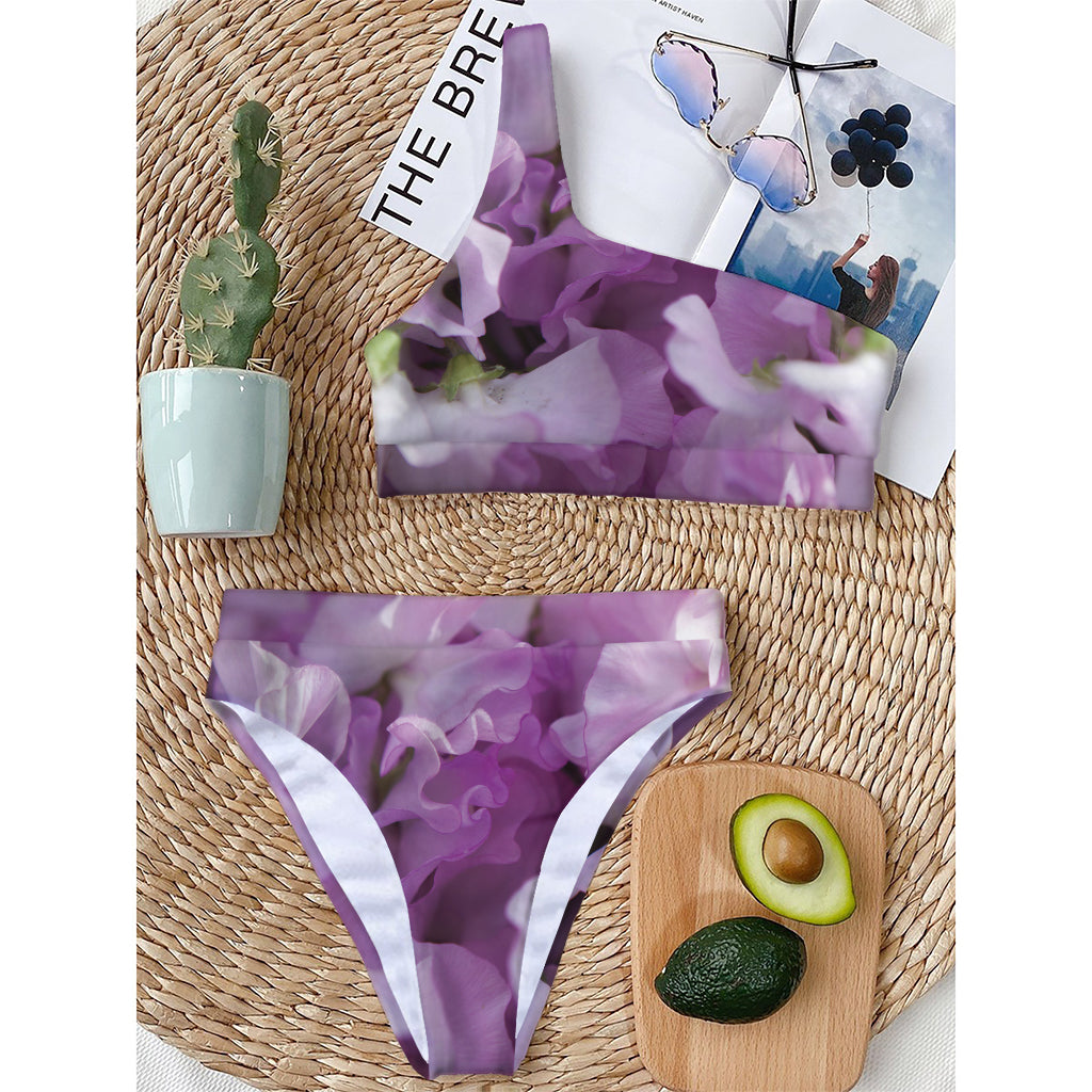 Purple Sweet Pea Print One Shoulder Bikini Top
