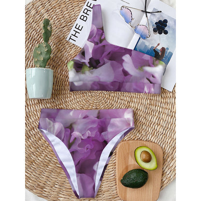 Purple Sweet Pea Print One Shoulder Bikini Top