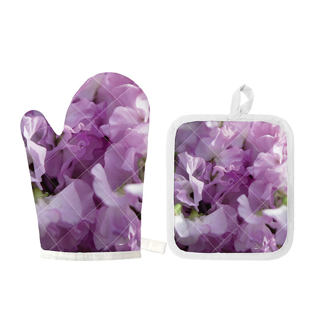 Purple Sweet Pea Print Oven Mitt And Pot Holder Set