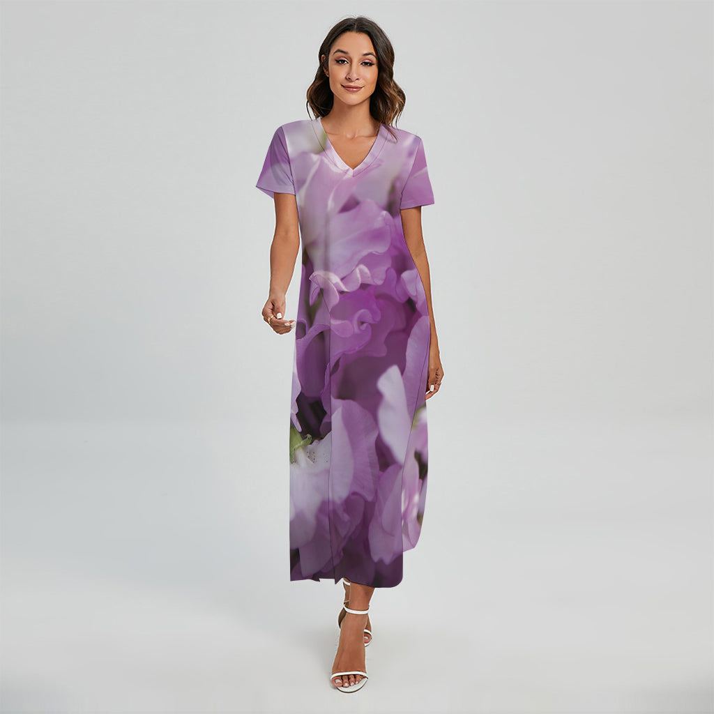 Purple Sweet Pea Print Short Sleeve Maxi Dress
