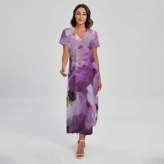 Purple Sweet Pea Print Short Sleeve Maxi Dress