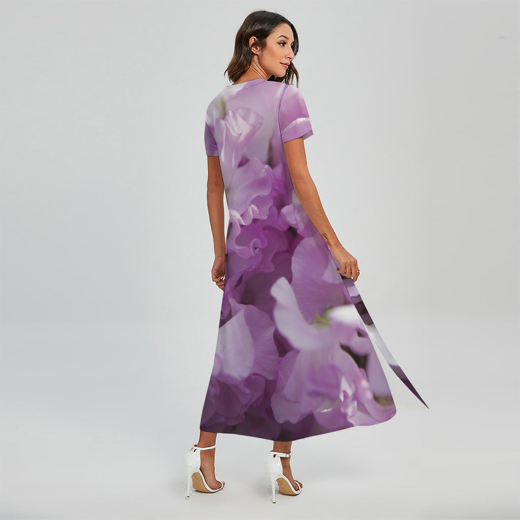 Purple Sweet Pea Print Short Sleeve Maxi Dress