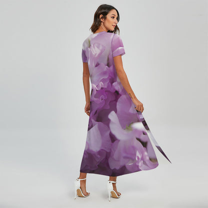 Purple Sweet Pea Print Short Sleeve Maxi Dress
