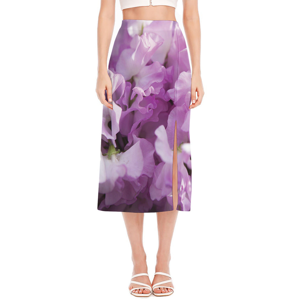 Purple Sweet Pea Print Side Slit Midi Skirt