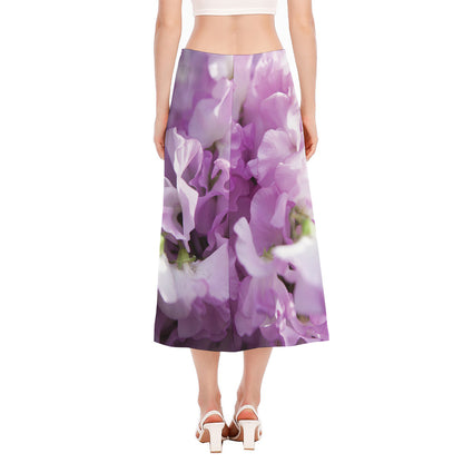 Purple Sweet Pea Print Side Slit Midi Skirt