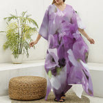 Purple Sweet Pea Print Silk V-Neck Kaftan Dress