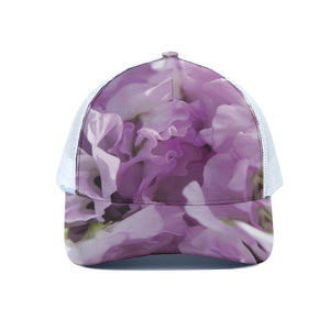 Purple Sweet Pea Print White Mesh Trucker Cap