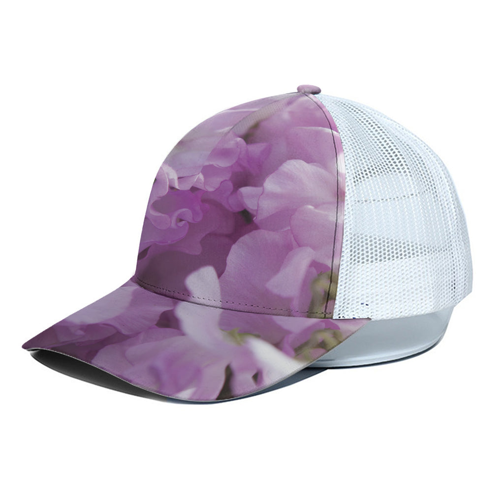 Purple Sweet Pea Print White Mesh Trucker Cap