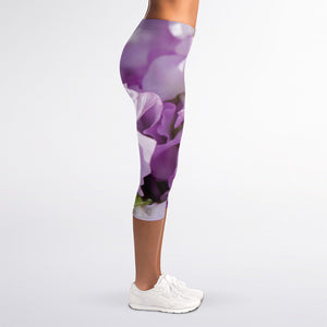 Purple Sweet Pea Print Women's Capri Leggings