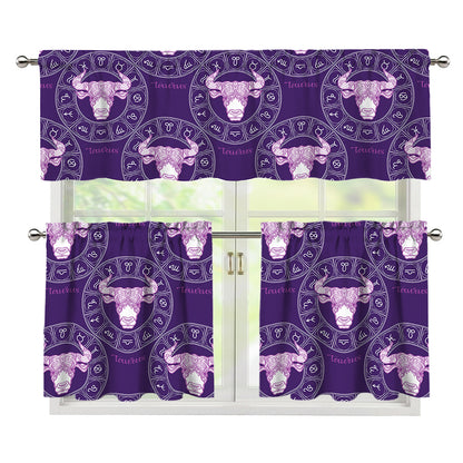 Purple Taurus Zodiac Pattern Print 3 Piece Kitchen Curtains