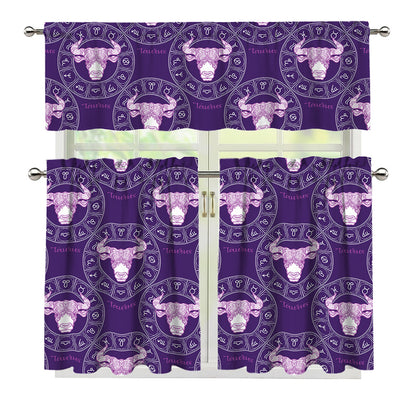 Purple Taurus Zodiac Pattern Print 3 Piece Kitchen Curtains