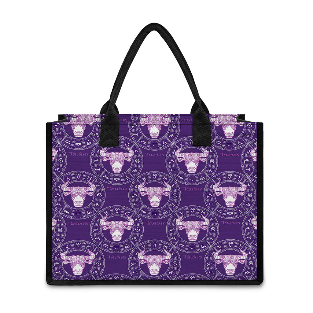 Purple Taurus Zodiac Pattern Print Canvas Tote Bag
