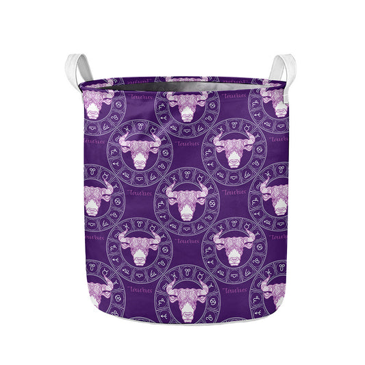 Purple Taurus Zodiac Pattern Print Collapsible Laundry Basket