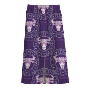 Purple Taurus Zodiac Pattern Print Cotton Front Slit Maxi Skirt