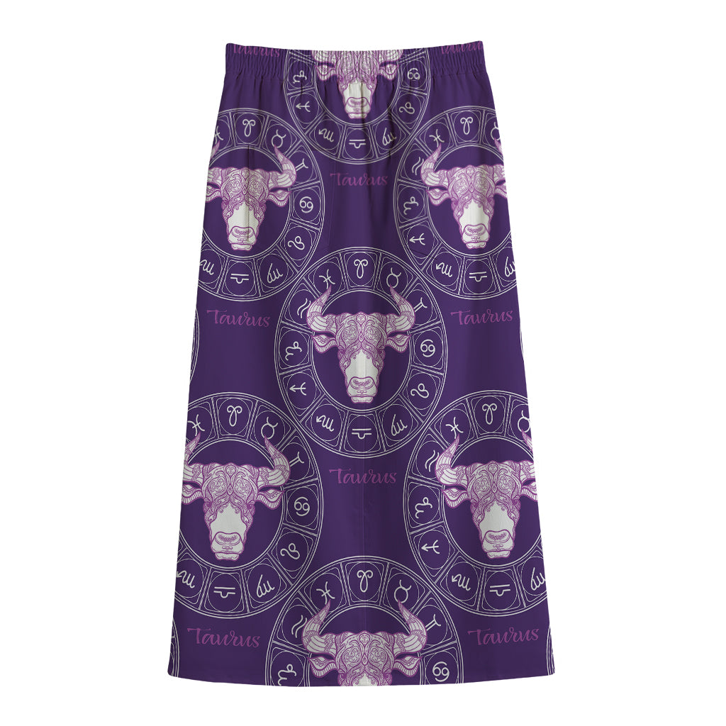 Purple Taurus Zodiac Pattern Print Cotton Front Slit Maxi Skirt