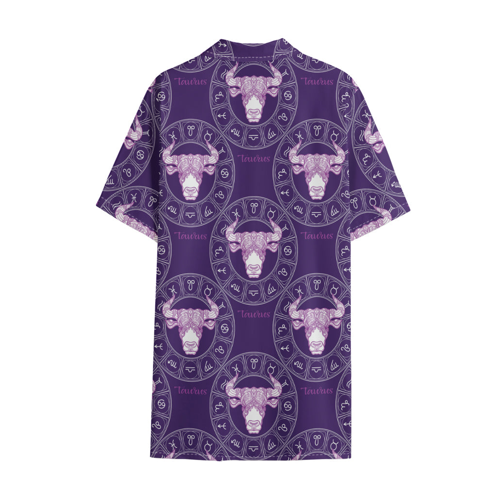 Purple Taurus Zodiac Pattern Print Cotton Hawaiian Shirt
