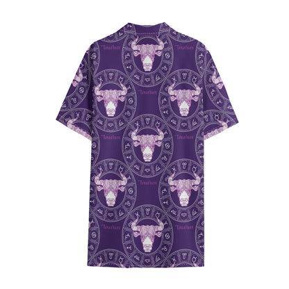 Purple Taurus Zodiac Pattern Print Cotton Hawaiian Shirt
