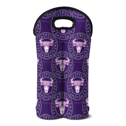 Purple Taurus Zodiac Pattern Print Double Neoprene Wine Tote