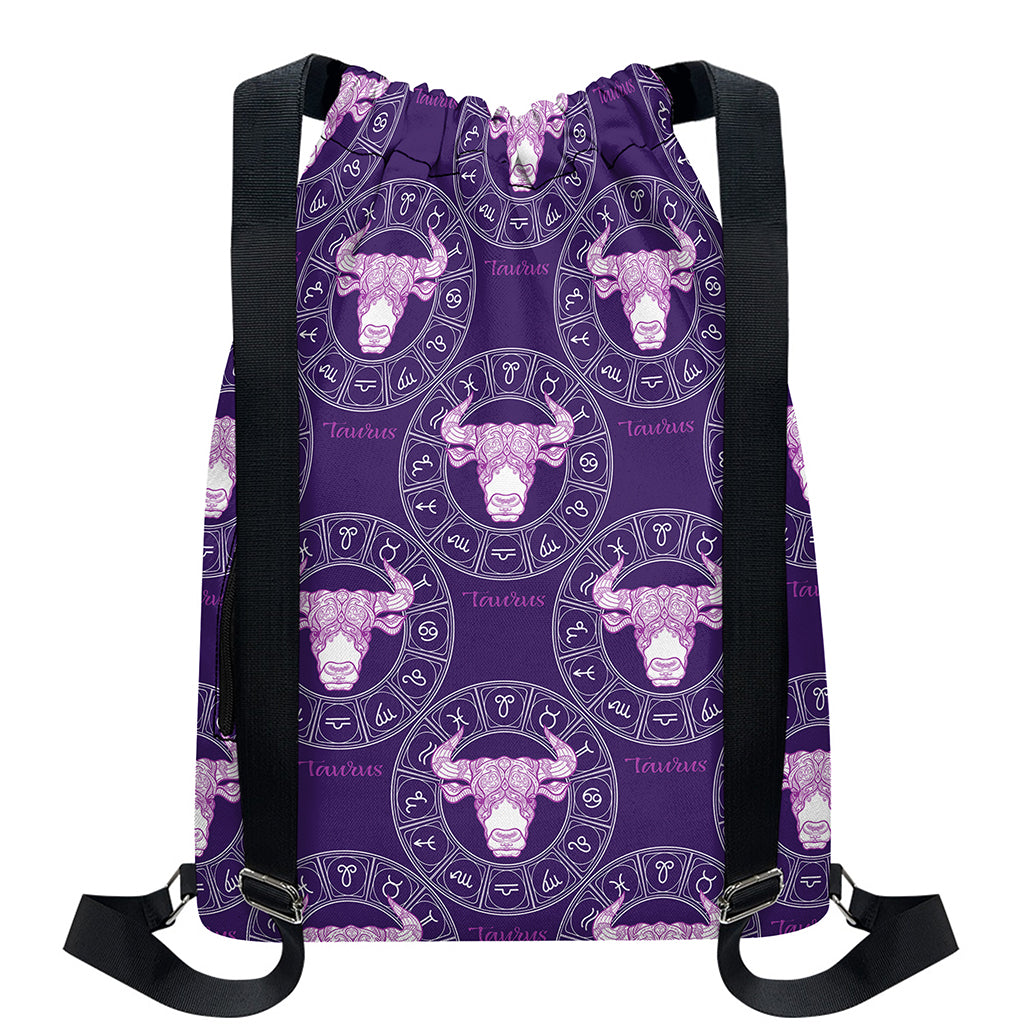 Purple Taurus Zodiac Pattern Print Drawstring Backpack