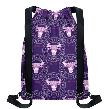 Purple Taurus Zodiac Pattern Print Drawstring Backpack