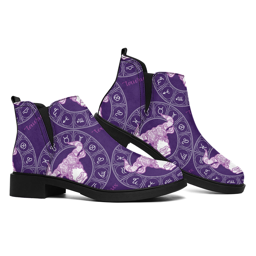 Purple Taurus Zodiac Pattern Print Flat Ankle Boots