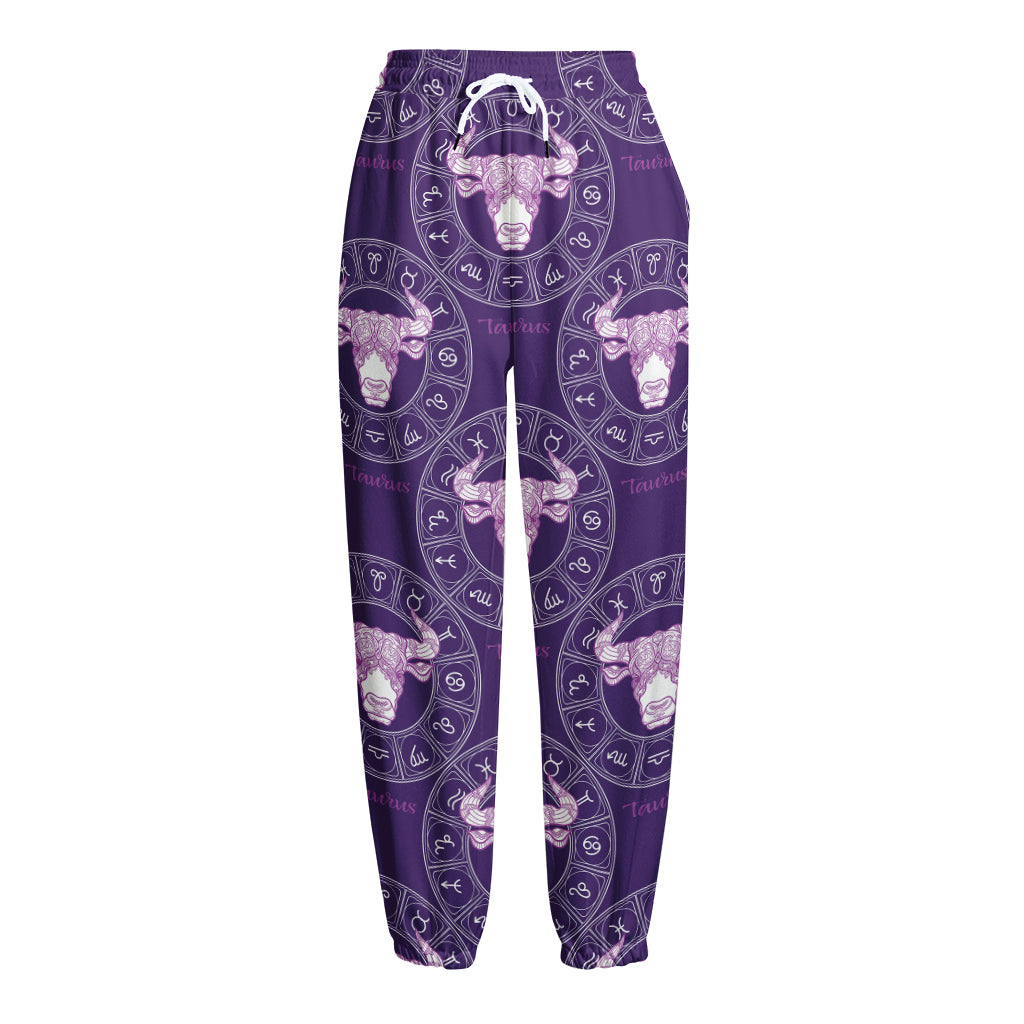 Purple Taurus Zodiac Pattern Print Fleece Lined Knit Pants