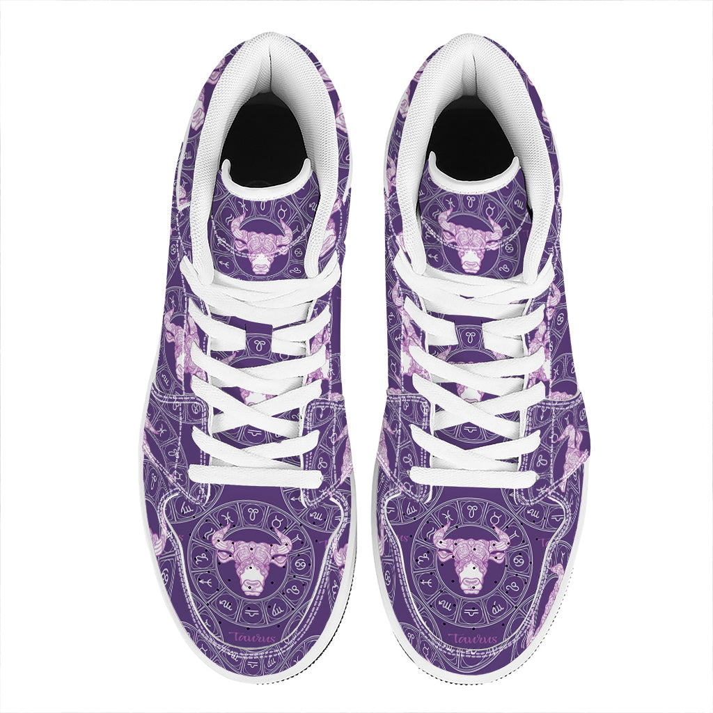 Purple Taurus Zodiac Pattern Print High Top Leather Sneakers