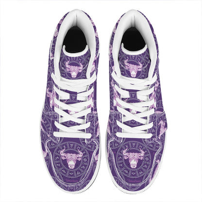 Purple Taurus Zodiac Pattern Print High Top Leather Sneakers