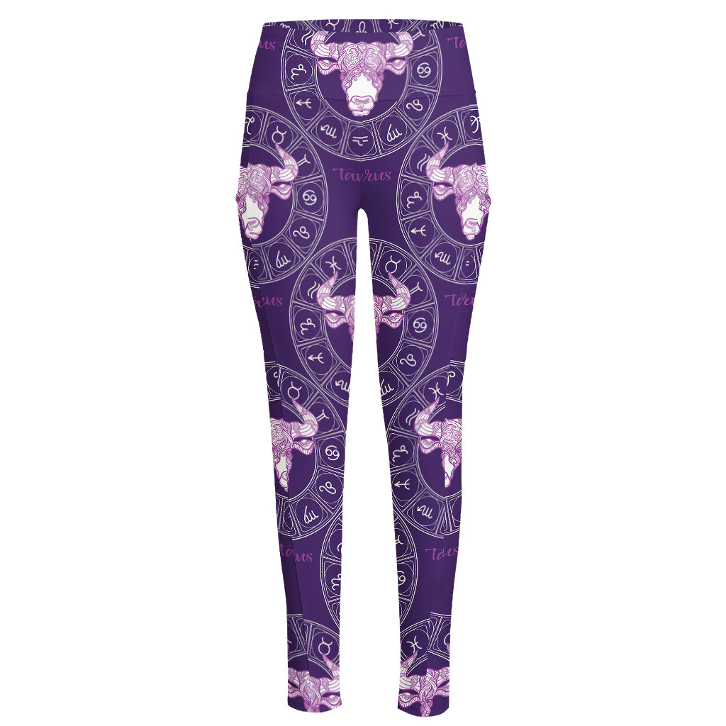 Purple Taurus Zodiac Pattern Print High-Waisted Pocket Leggings