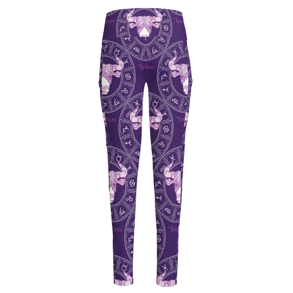 Purple Taurus Zodiac Pattern Print High-Waisted Pocket Leggings