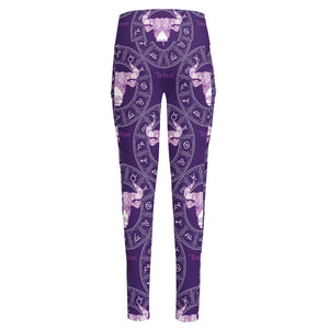 Purple Taurus Zodiac Pattern Print High-Waisted Pocket Leggings