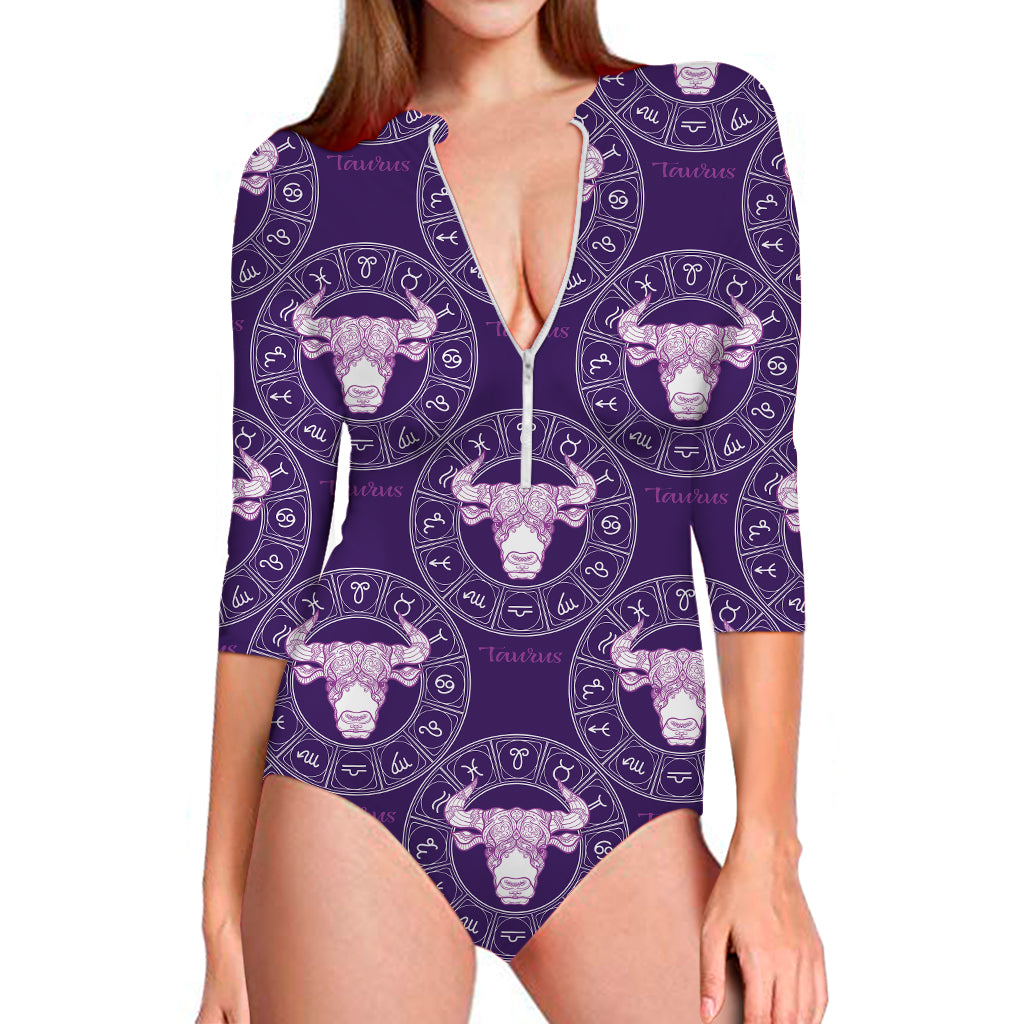 Purple Taurus Zodiac Pattern Print Long Sleeve Swimsuit