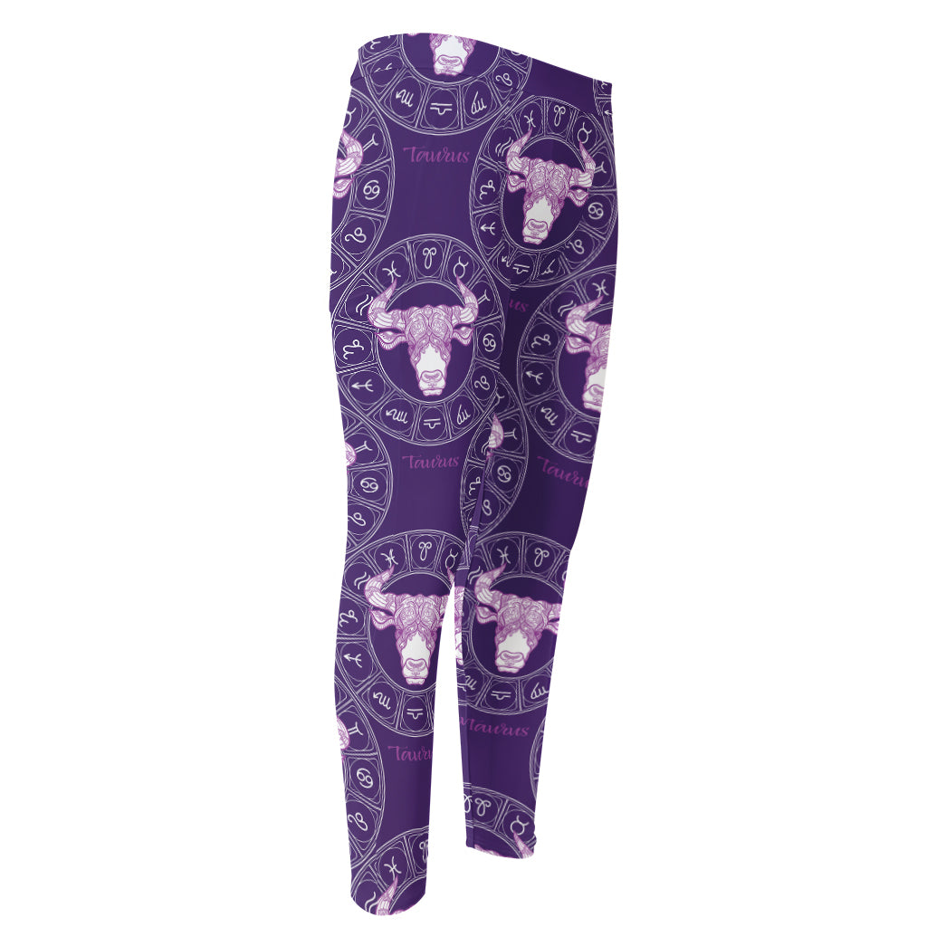 Purple Taurus Zodiac Pattern Print Men's Compression Pants